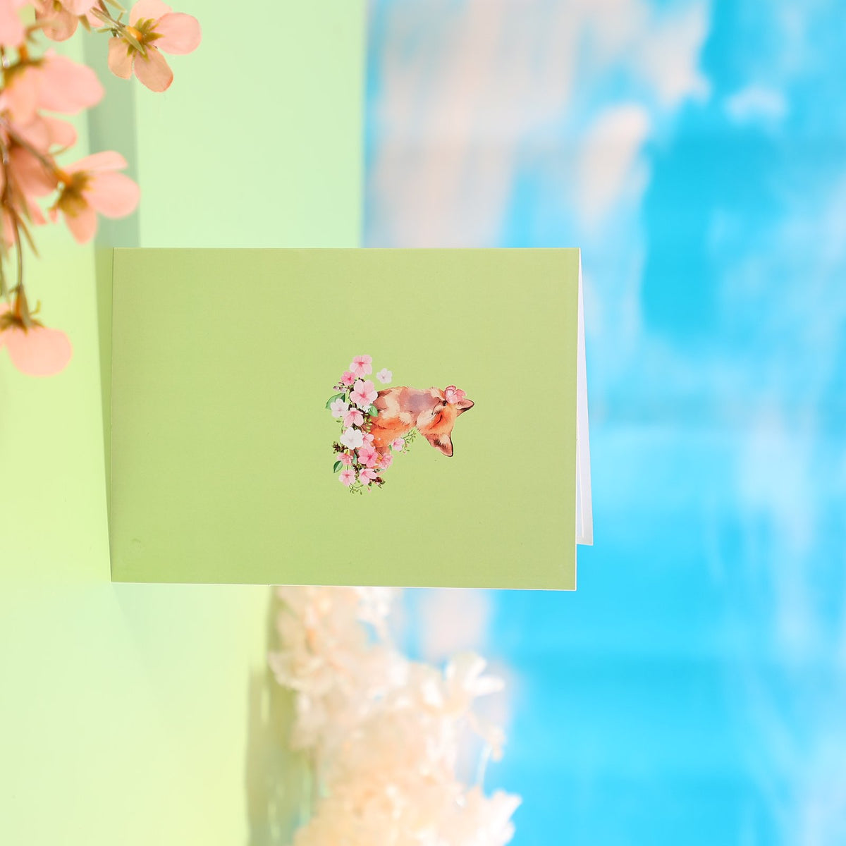 Fox Cherry Blossom Crescent Moon Greeting Card