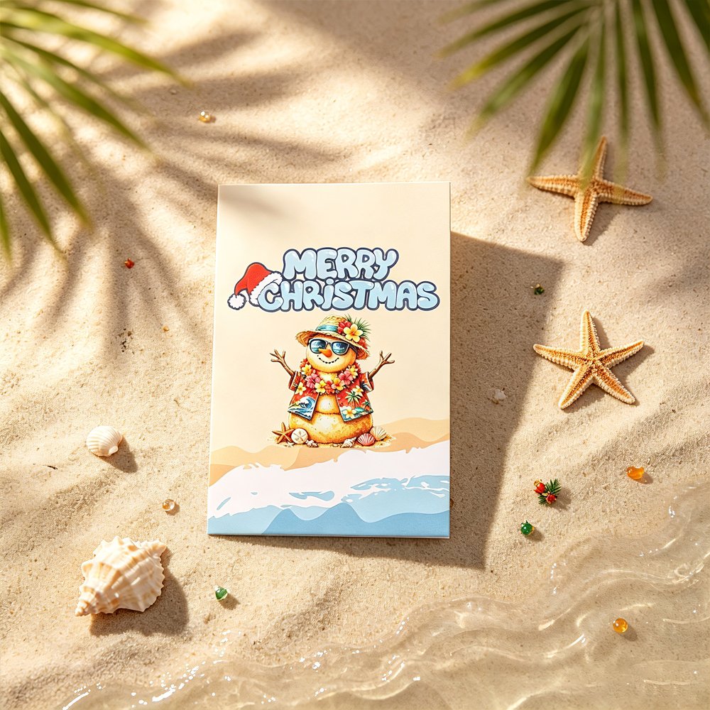 90° Christmas Snowman Beach Greeting Card