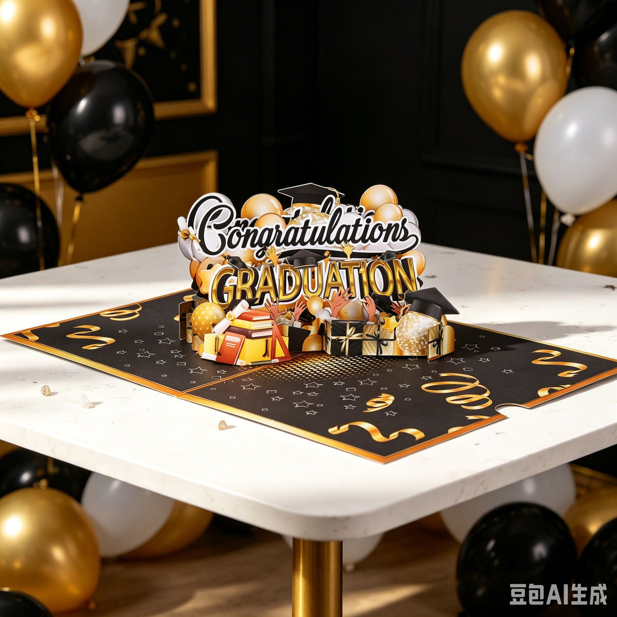 Black Gold Balloon Congratulations Graduation 3D Pop Up Card