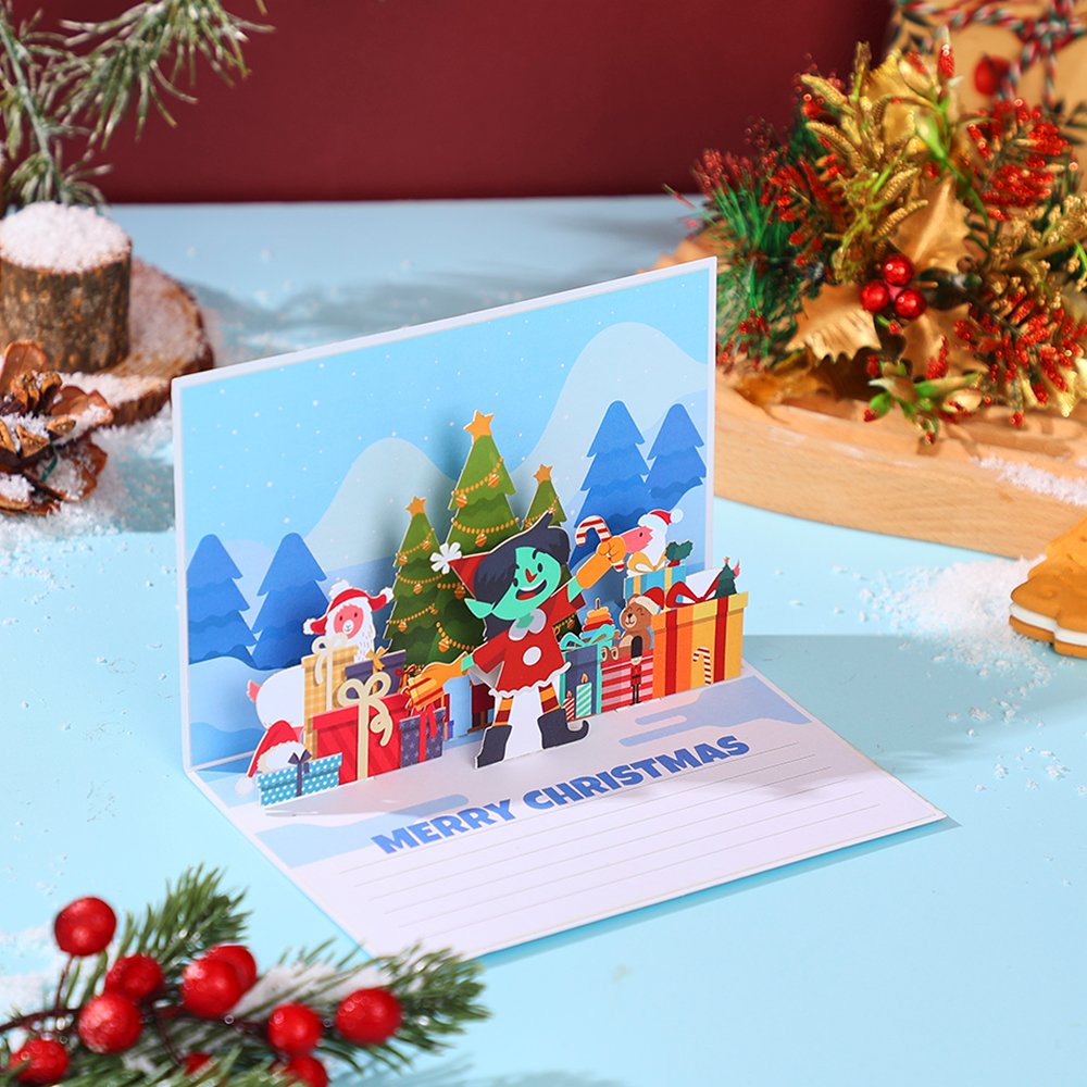 Santa Claus Trumpet Flip Pop Up Card Light Blue