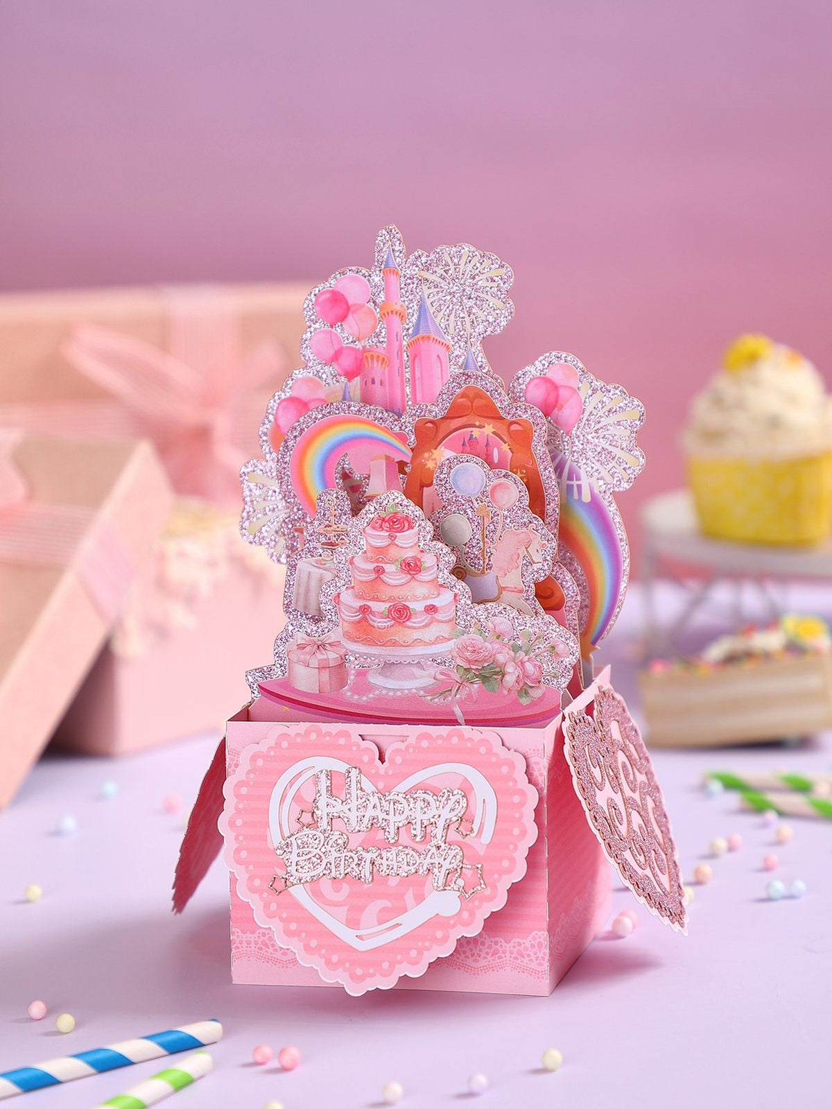 Heart Cake Box Birthday Greeting Card