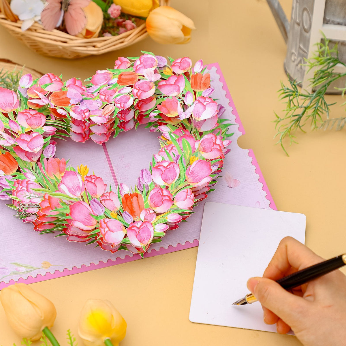 Pink Tulip Heart Floral Wreath 3D Pop Up Card