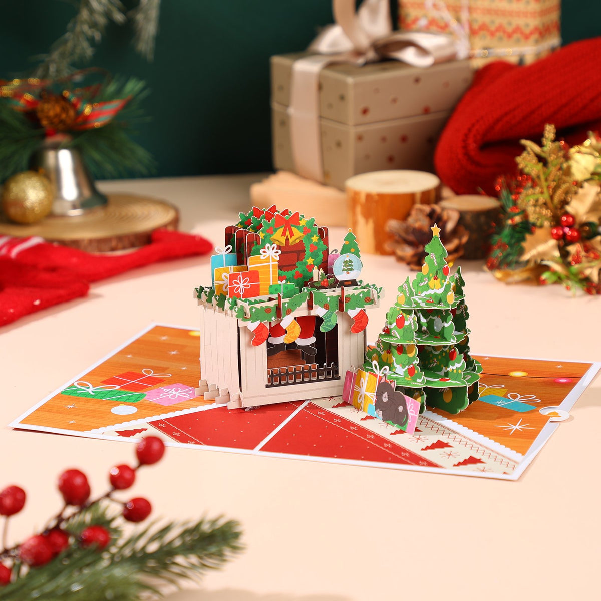 Christmas Fireplace Floral Wreath Flip Pop Up Card