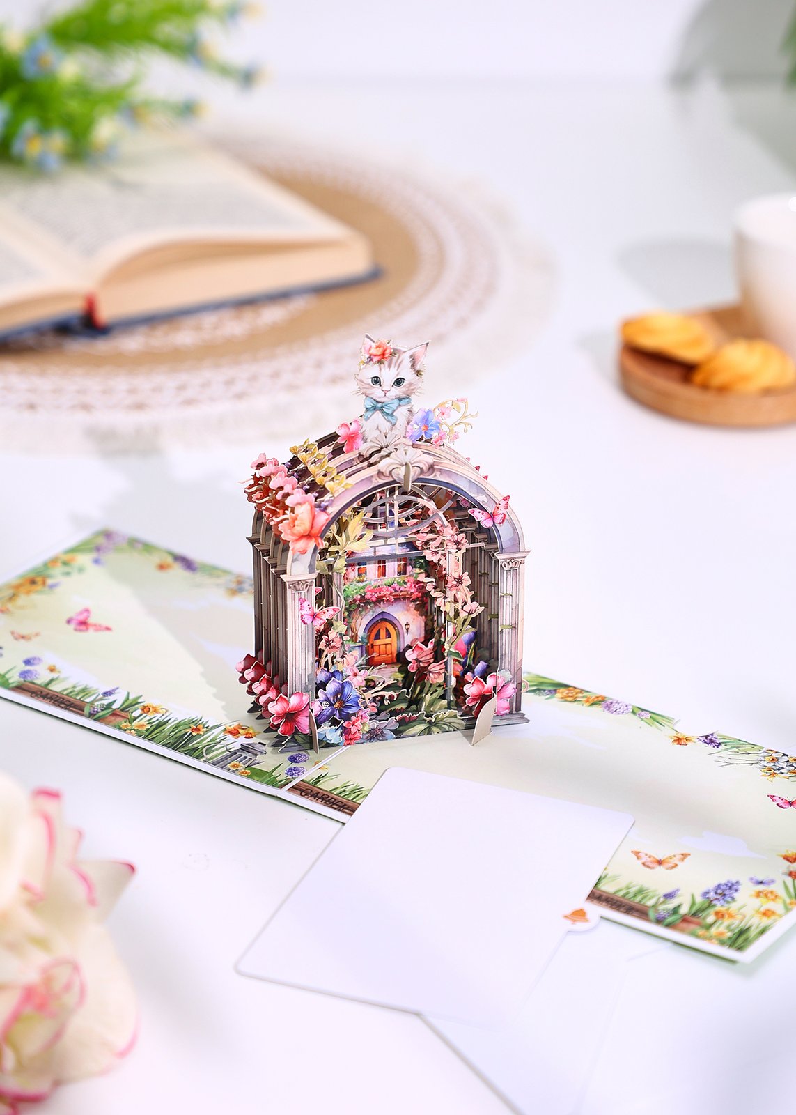 Cat Gardening Stained Glass Window 3D Pop Up Card