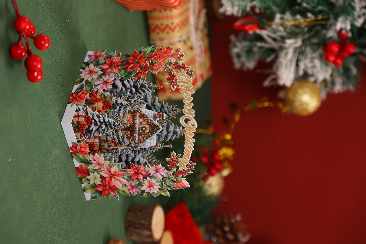 Christmas Floral Wreath Snowy House Greeting Card