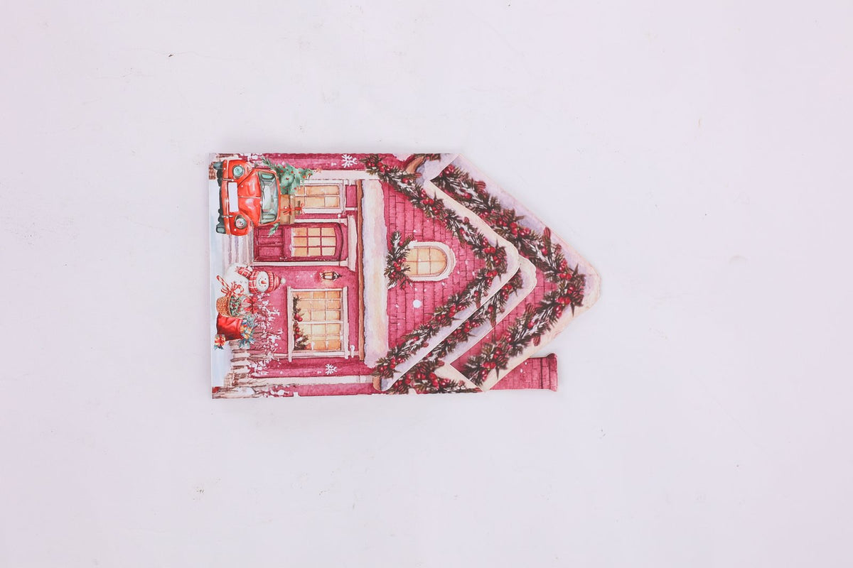 Pink Christmas Snowy House Greeting Card