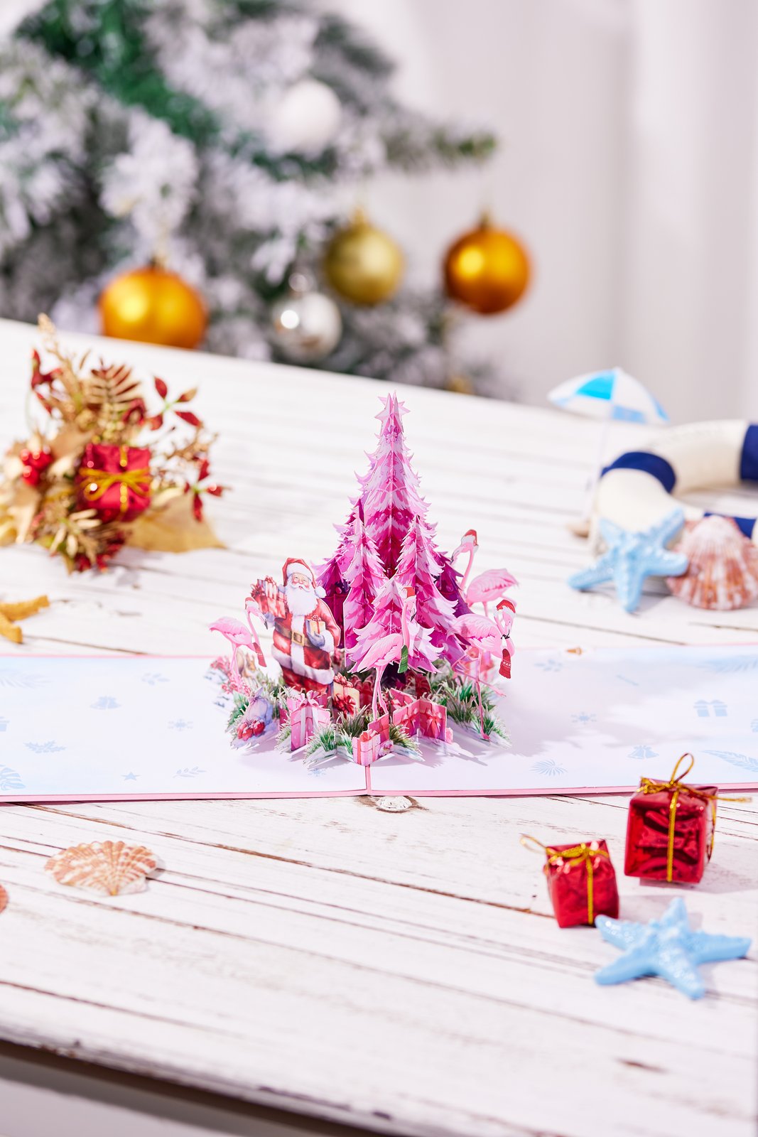 Pink Christmas Tree Flamingo Greeting Card