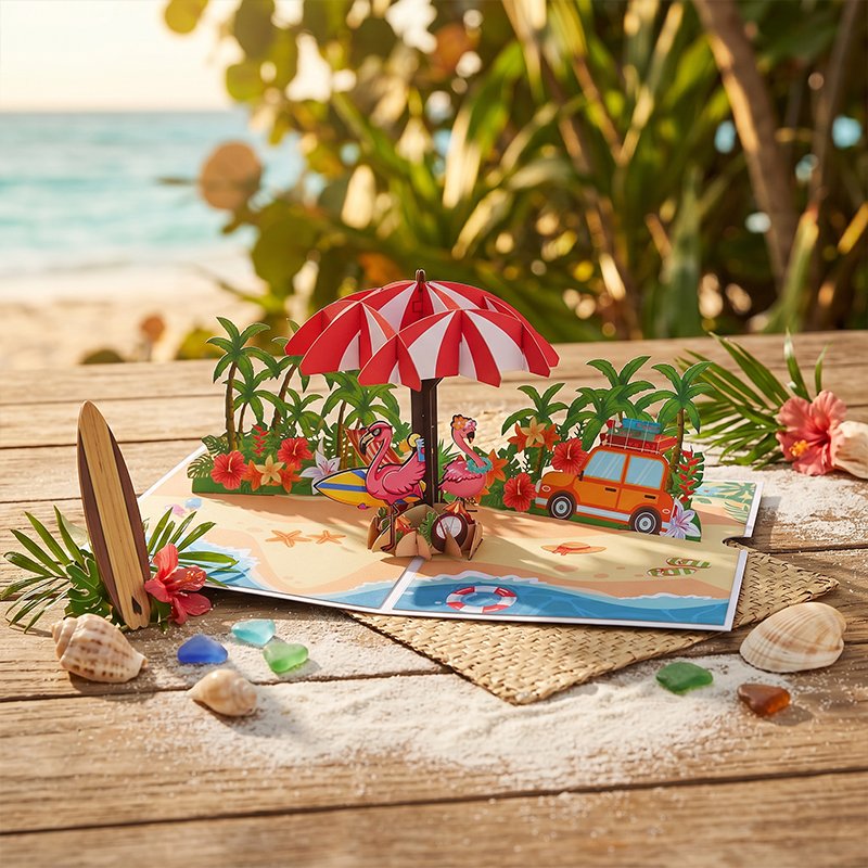 Tropical Beach Flamingo Pop Up Card