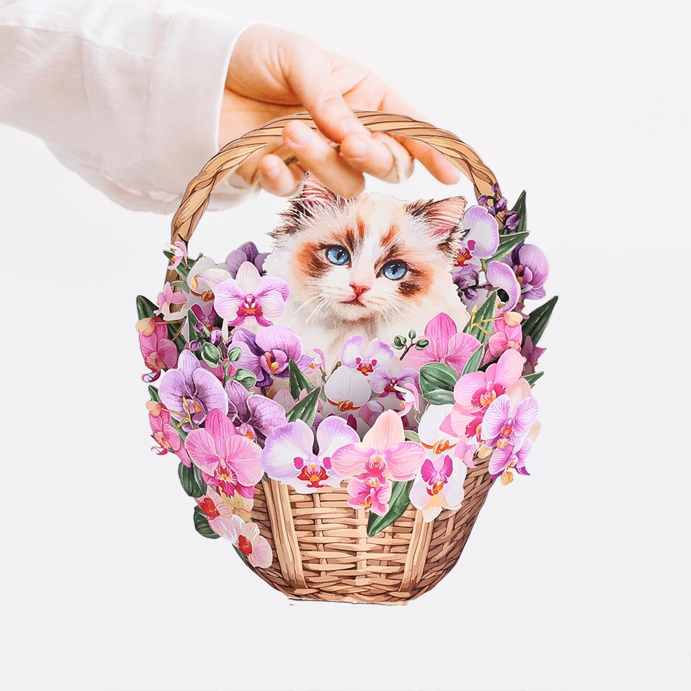 Orchid Ragdoll Cat Flower Basket Pop Up Card