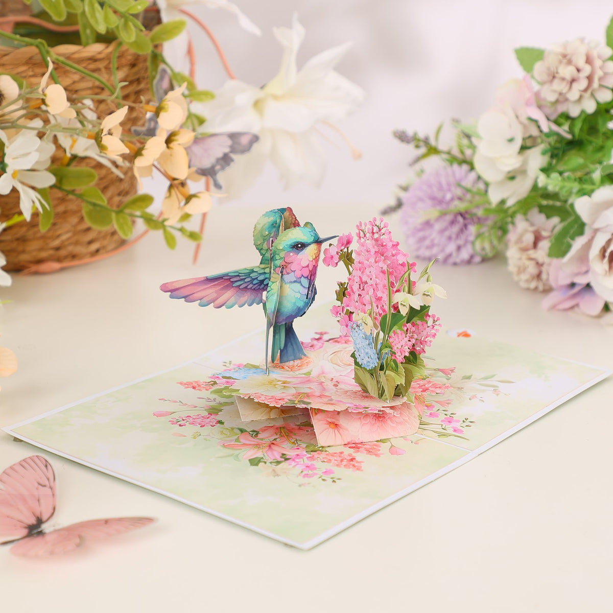 Pink Wisteria Hummingbird 3D Pop Up Card