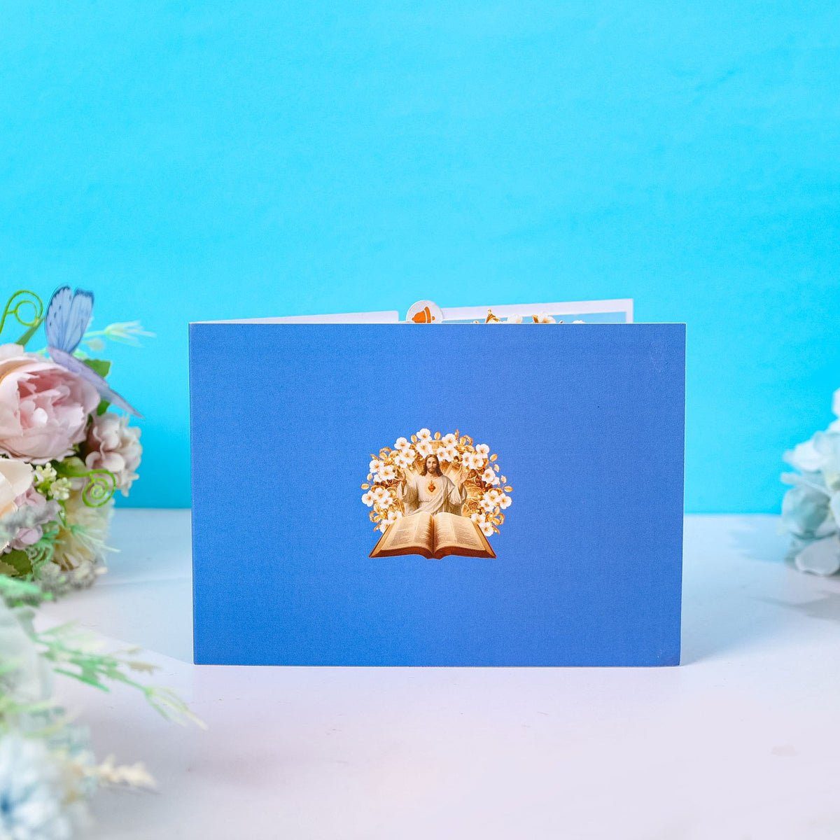 Blue Book Pages Floral Wreath Flip Pop Up Card