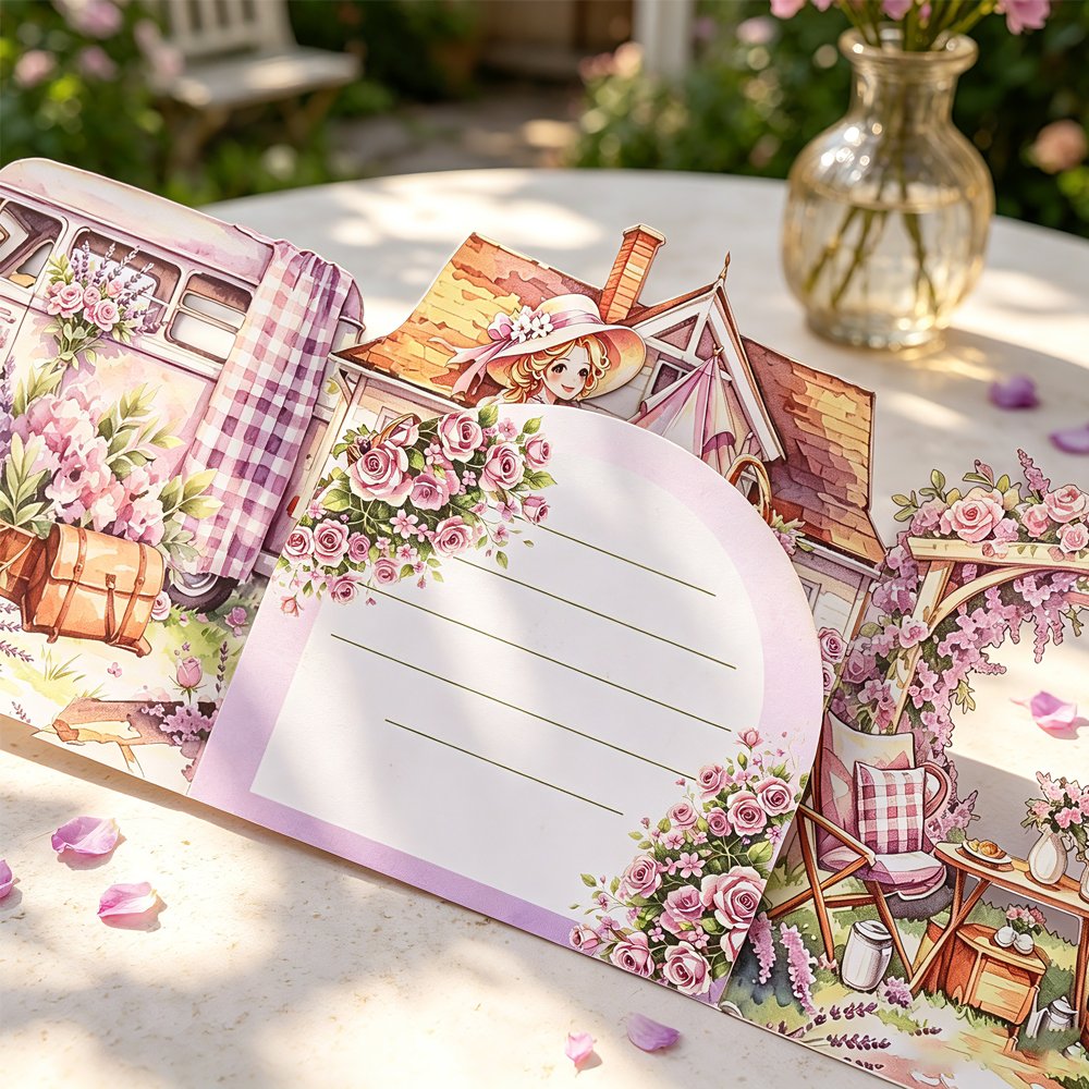 Girl Purple Camping Double Door Pop Up Card