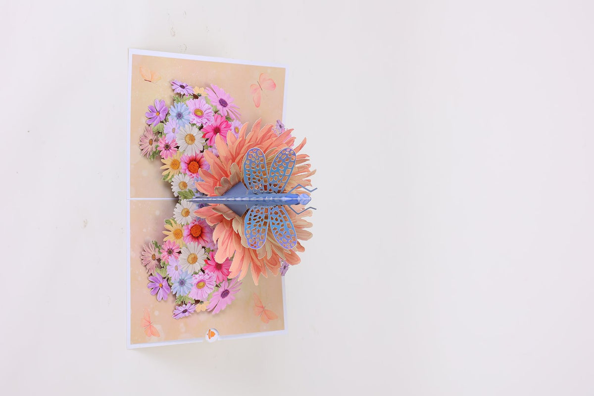 Mixed Color Daisy Dragonfly Greeting Card