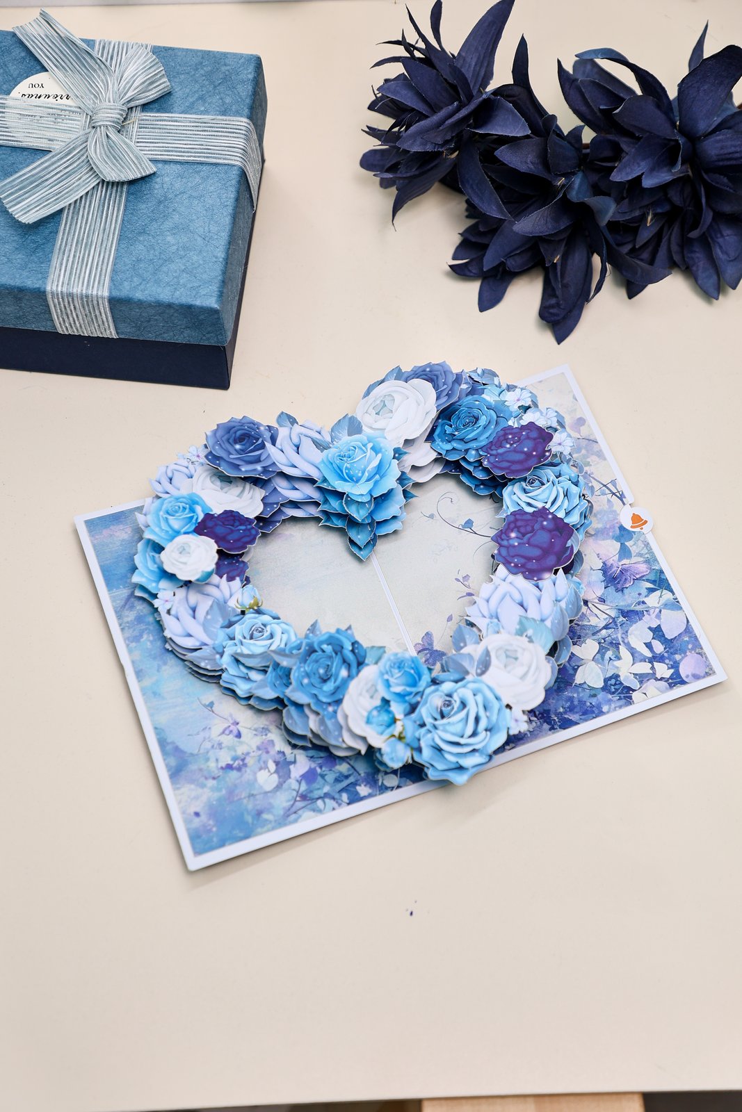 Blue White Rose Heart 3D Pop Up Card