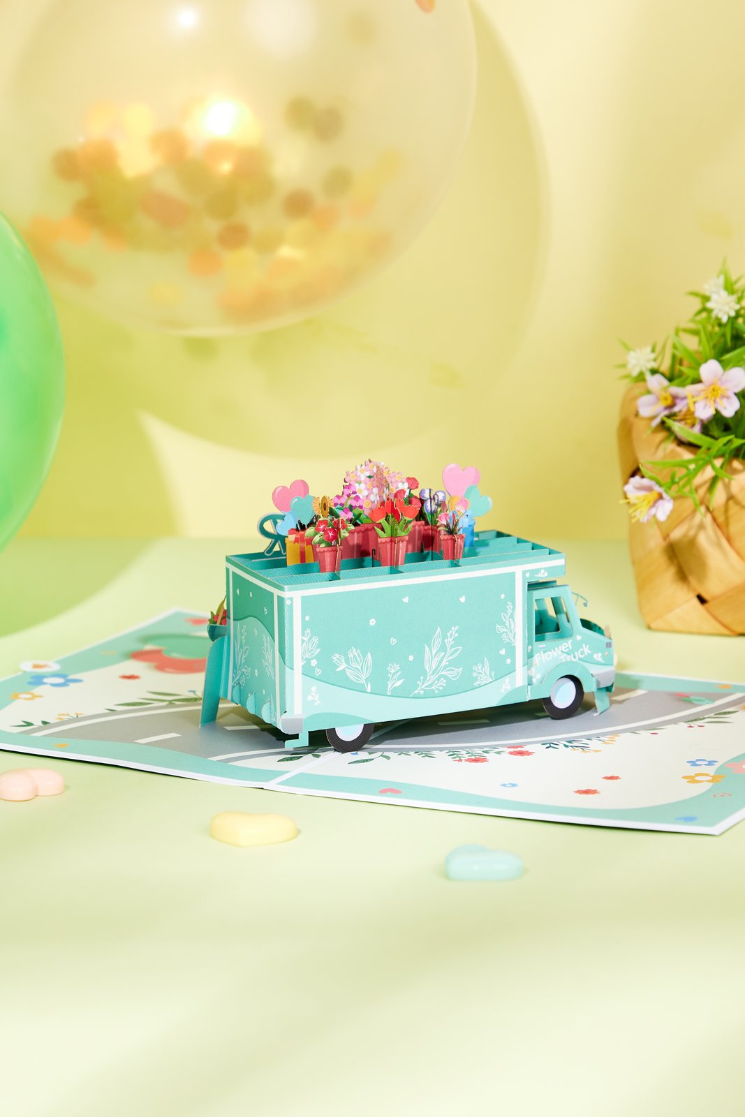 Premium Flower Cart 3D Pop Up Card Light Blue