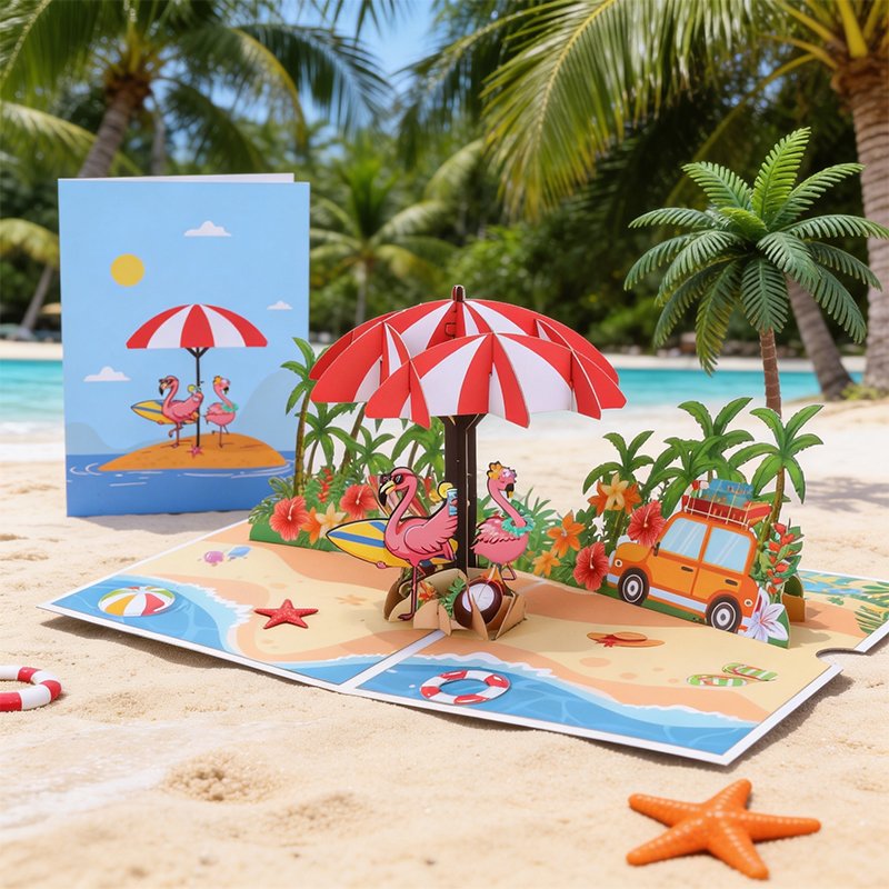 Tropical Beach Flamingo Pop Up Card