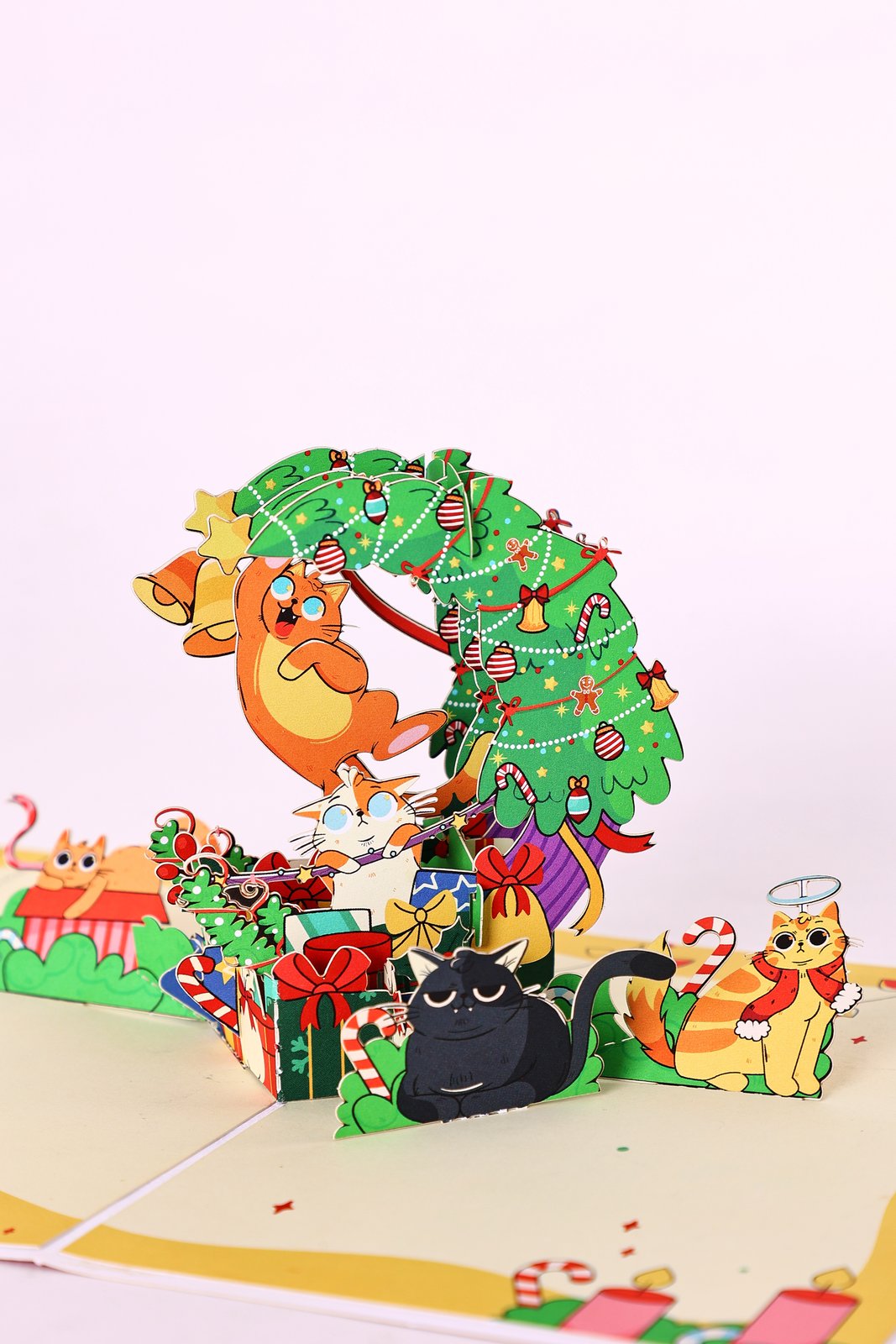 Cat Christmas Tree Crescent Moon 3D Pop Up Card