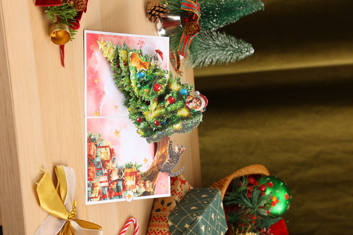 Christmas Tree & Cat Floral Branch Greeting Card