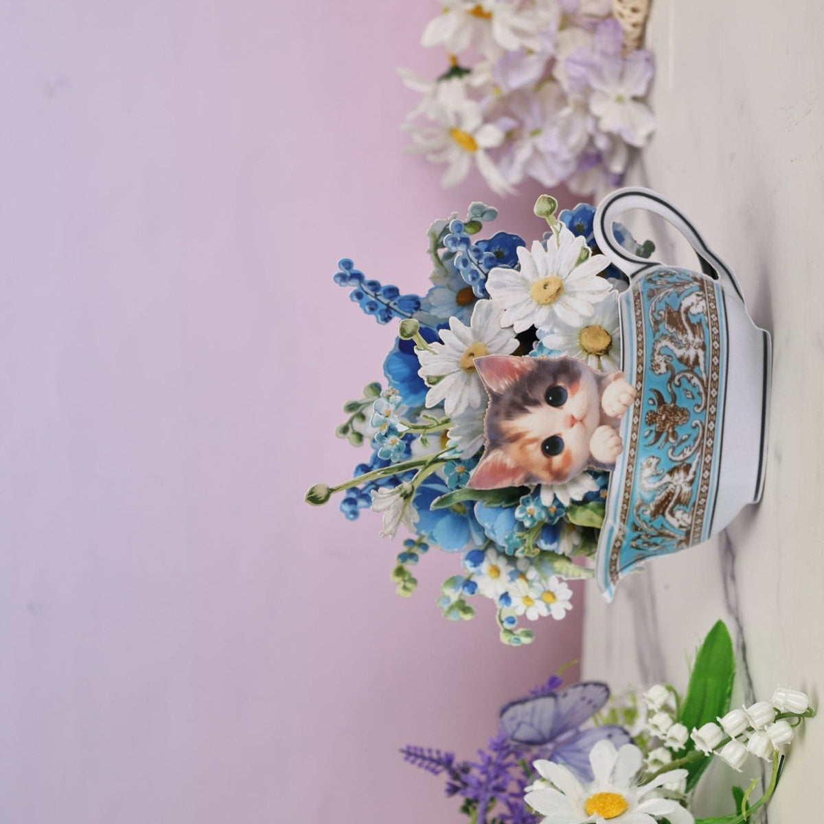 Teapot Cat Flower Bouquet 3D Pop Up Card