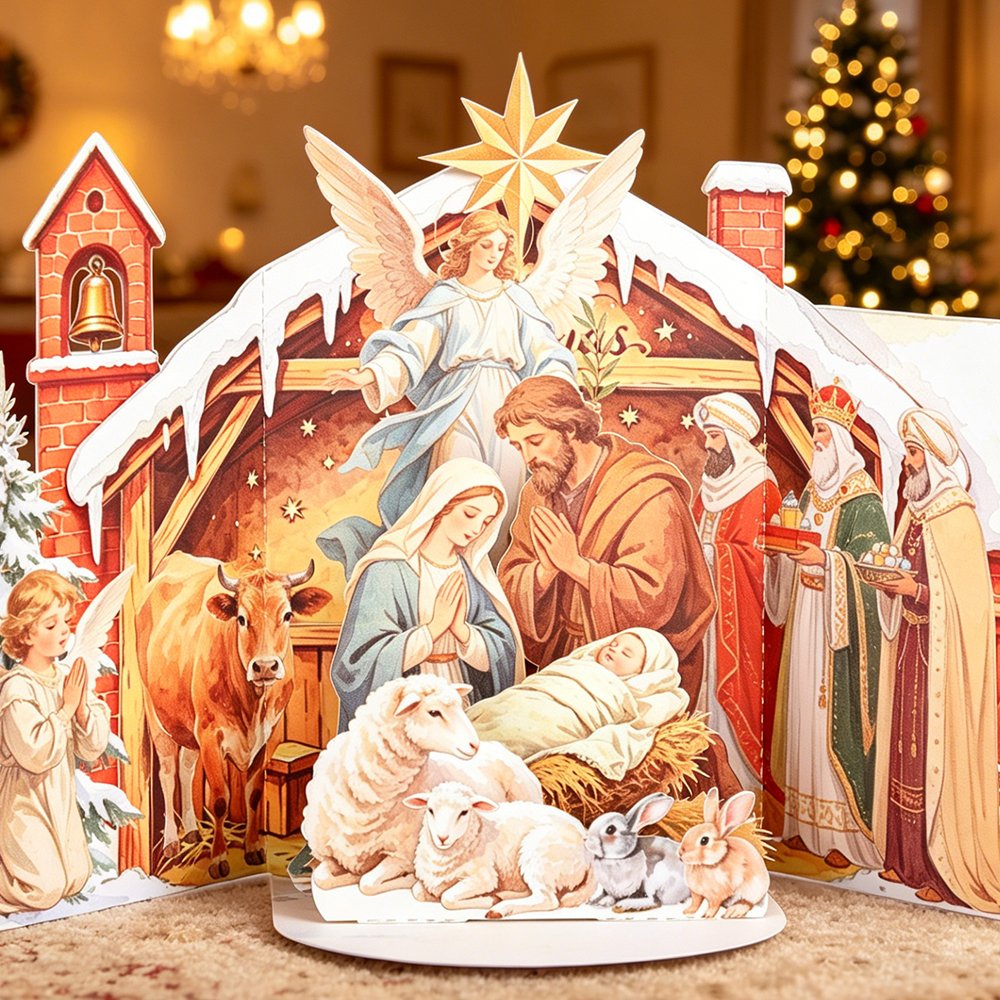 Vintage Nativity Double Door 3D Pop Up Card