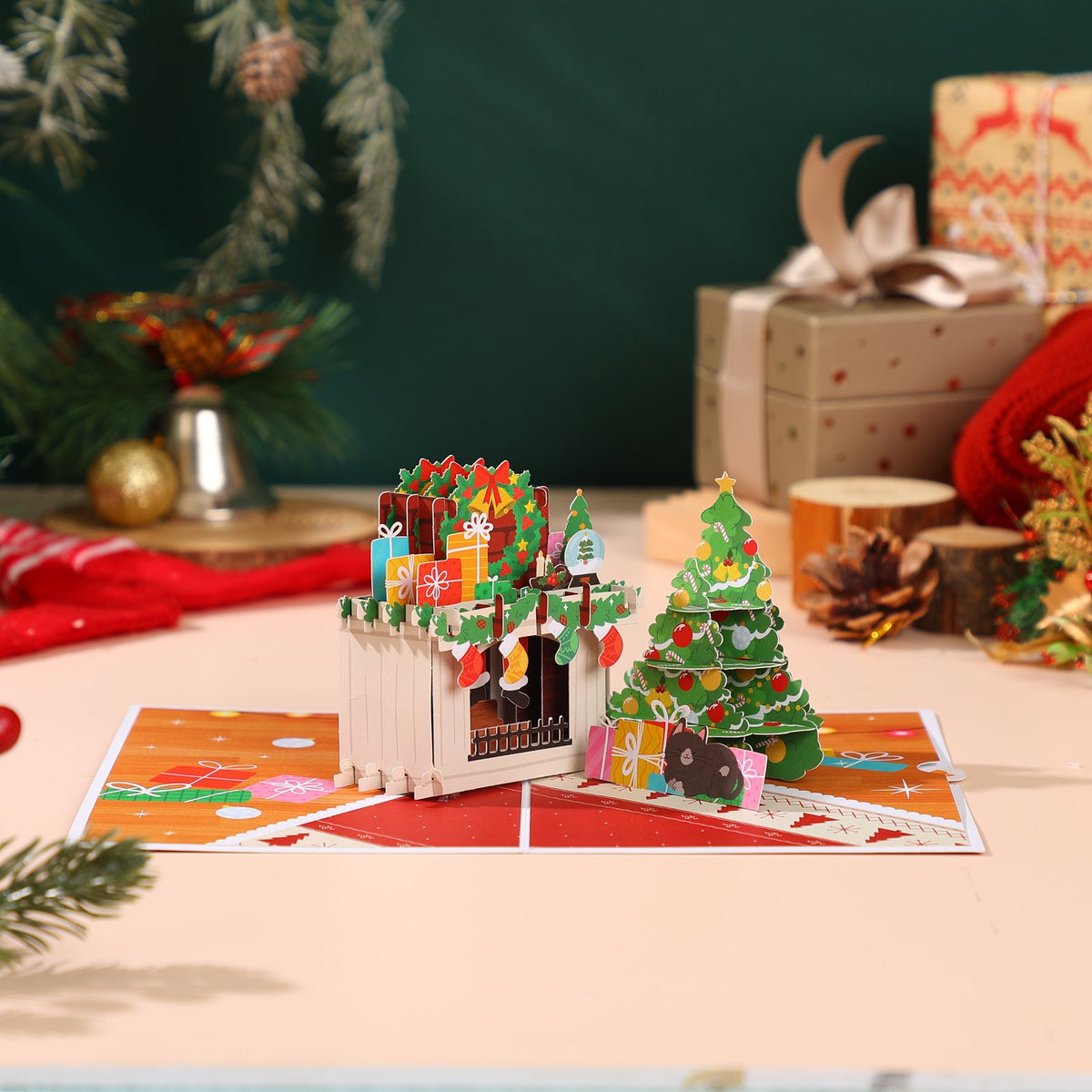 Christmas Fireplace Floral Wreath Flip Pop Up Card