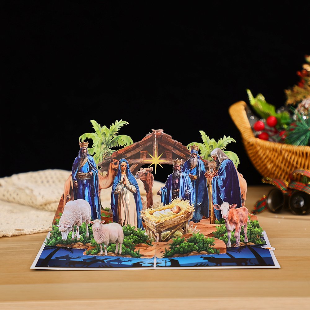 Blue Tone Nativity Scene 3D Pop Up Card