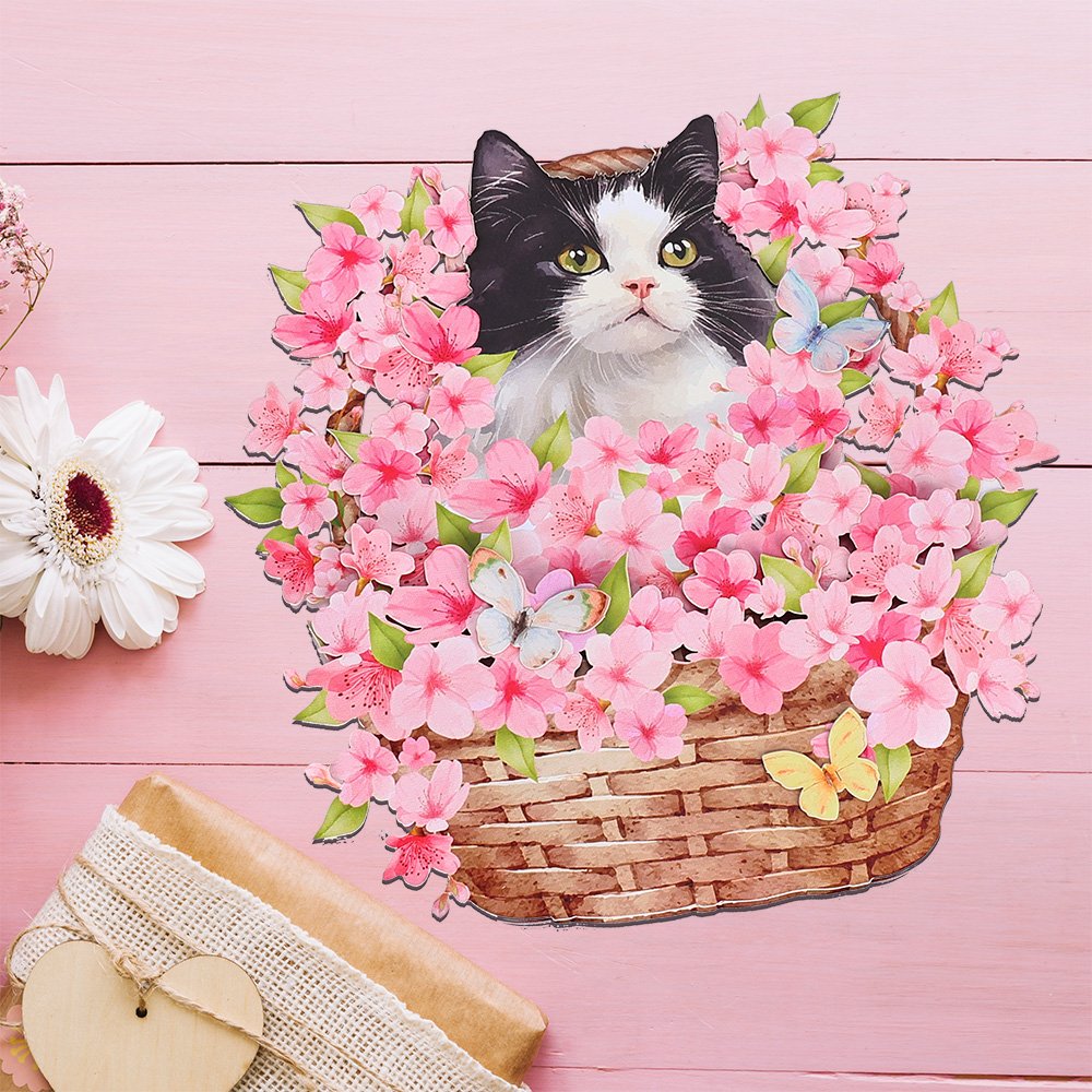 Cherry Blossom Cat Flower Basket Pop Up Card
