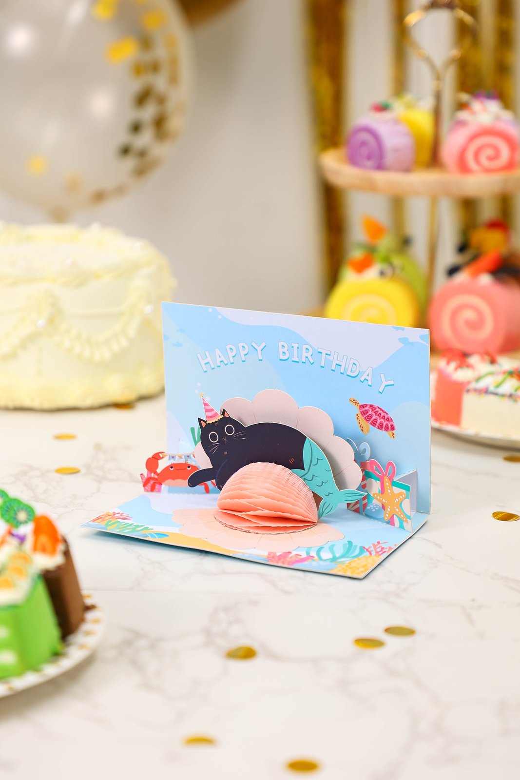 Seashell Pearl Cat Fish Birthday 3D Pop Up Card