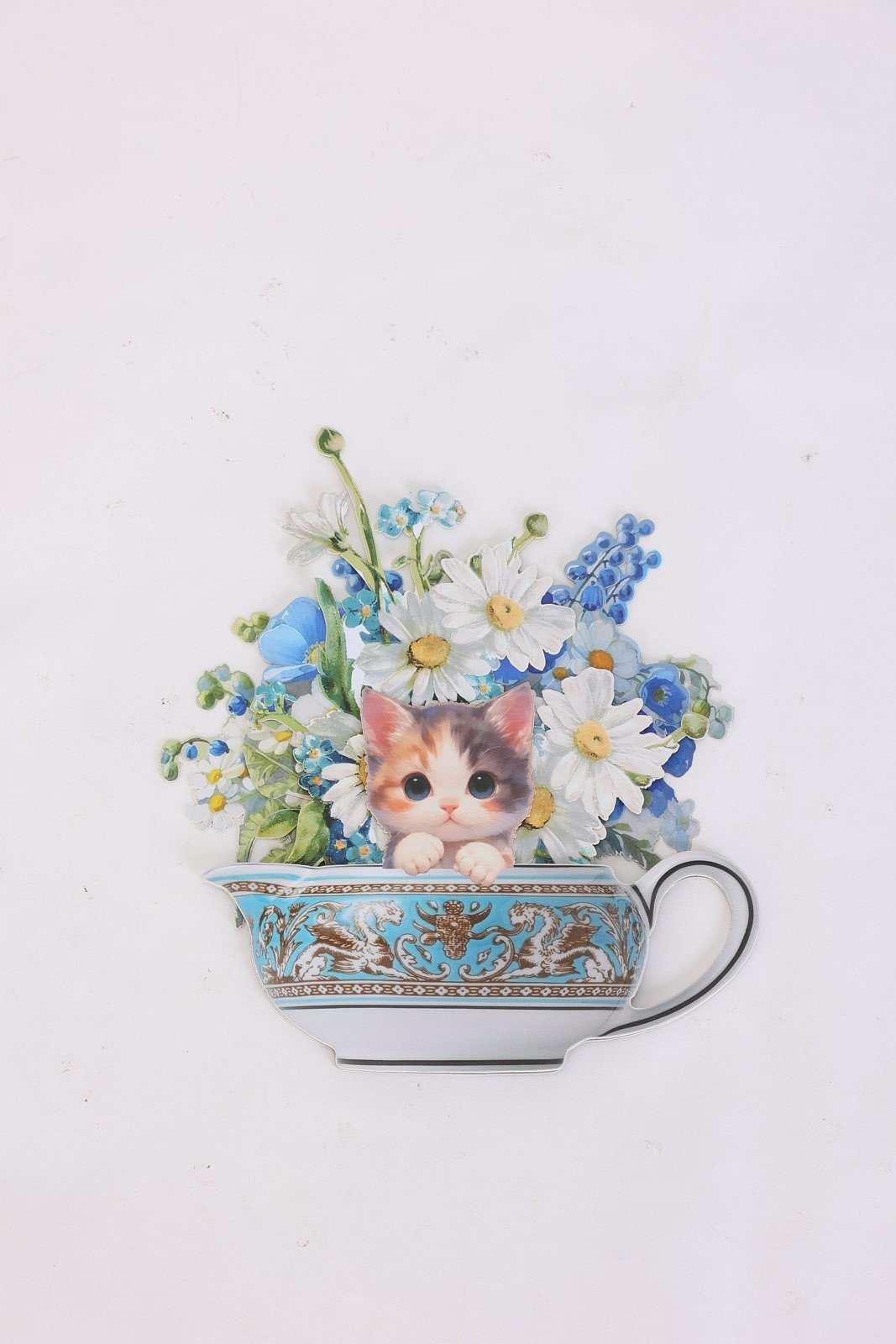 Teapot Cat Flower Bouquet 3D Pop Up Card