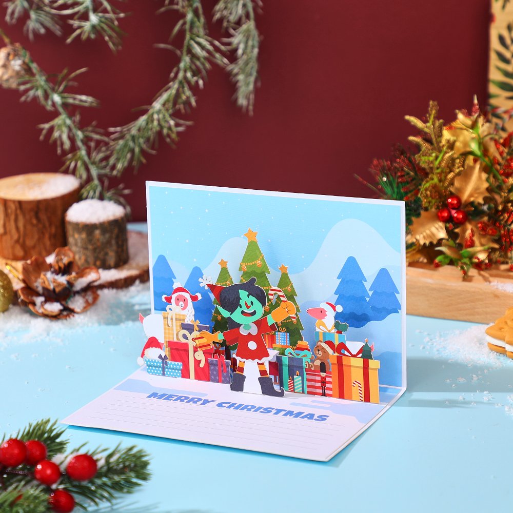 Santa Claus Trumpet Flip Pop Up Card Light Blue