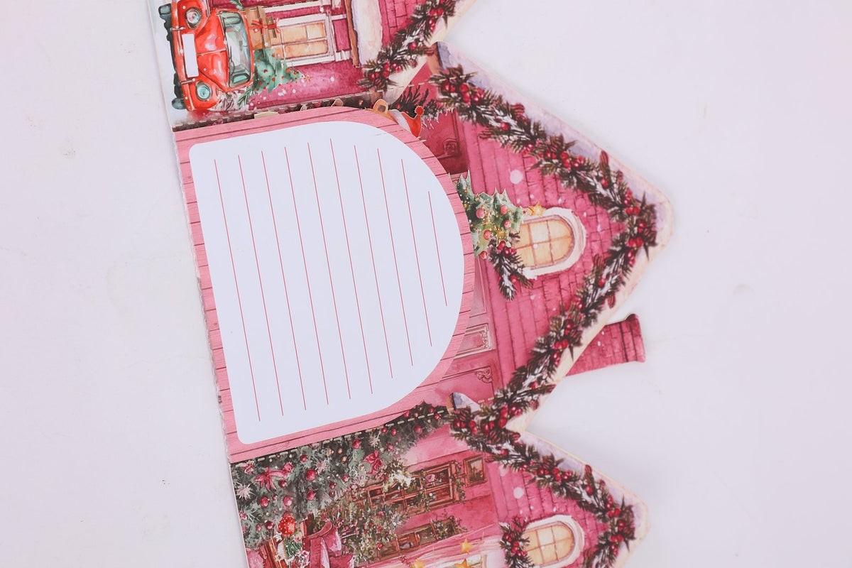 Pink Christmas Snowy House Greeting Card