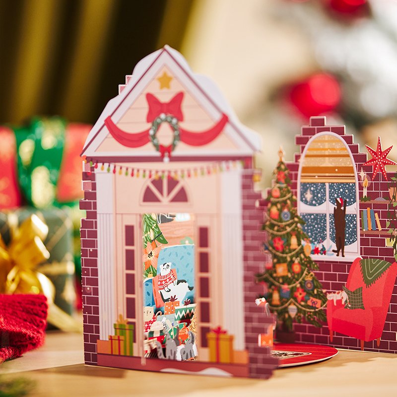 Christmas Door House Floral Wreath Flip Pop Up Card
