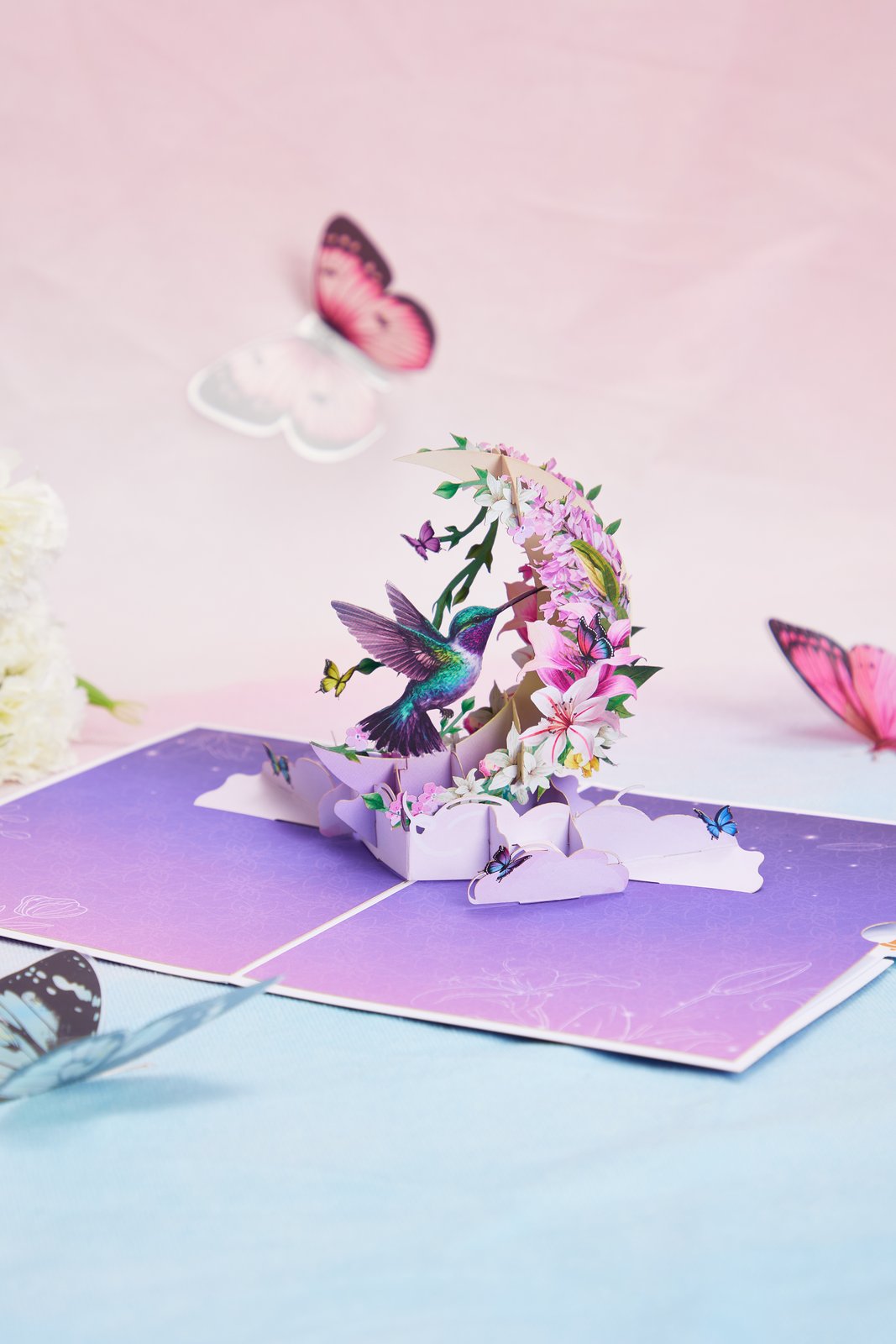 Hummingbird Fresh Flowers Crescent Moon 3D Pop Up Card