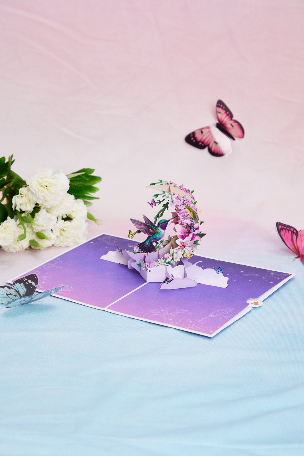 Hummingbird Fresh Flowers Crescent Moon 3D Pop Up Card