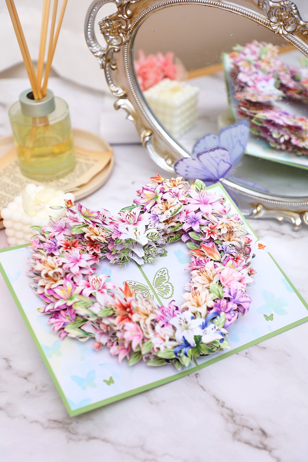 Green Lily Heart Floral Wreath Greeting Card