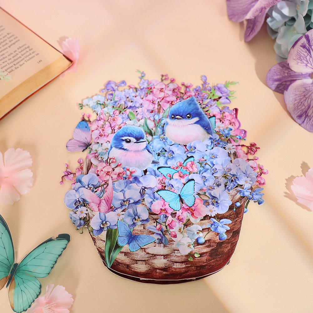 Blue Mountain Sparrow & Orchid Flower Basket 3D Pop Up Card