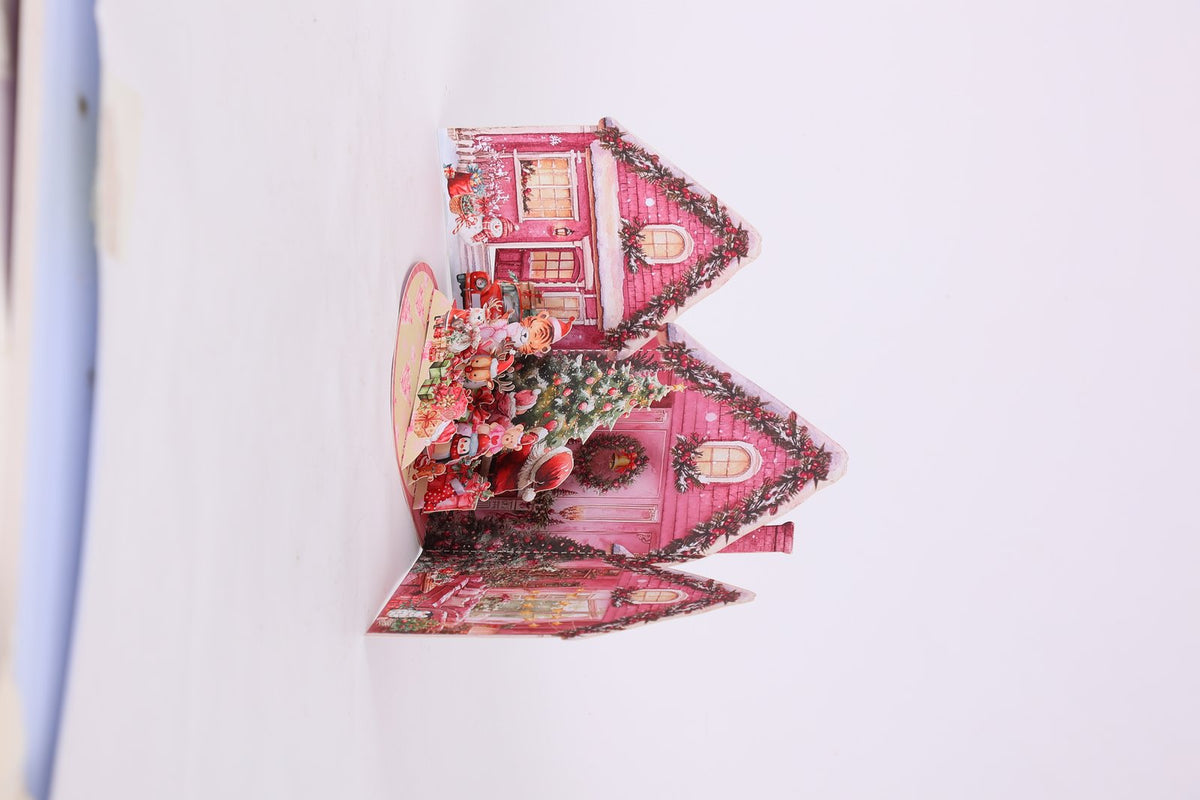 Pink Christmas Snowy House Greeting Card