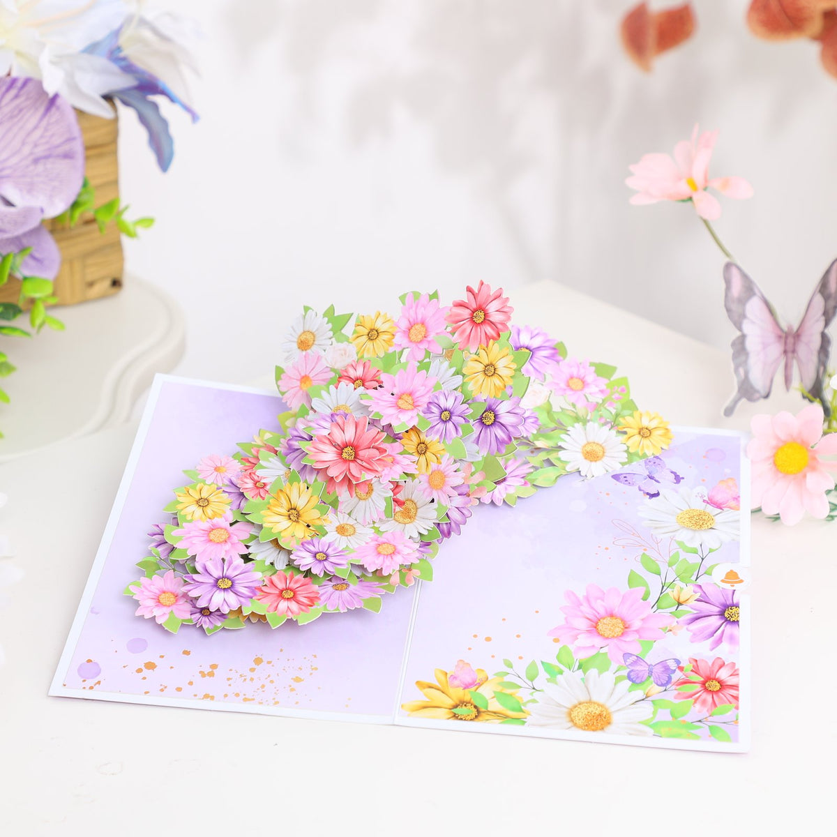 Mixed Color Cosmos Floral Branch Greeting Card