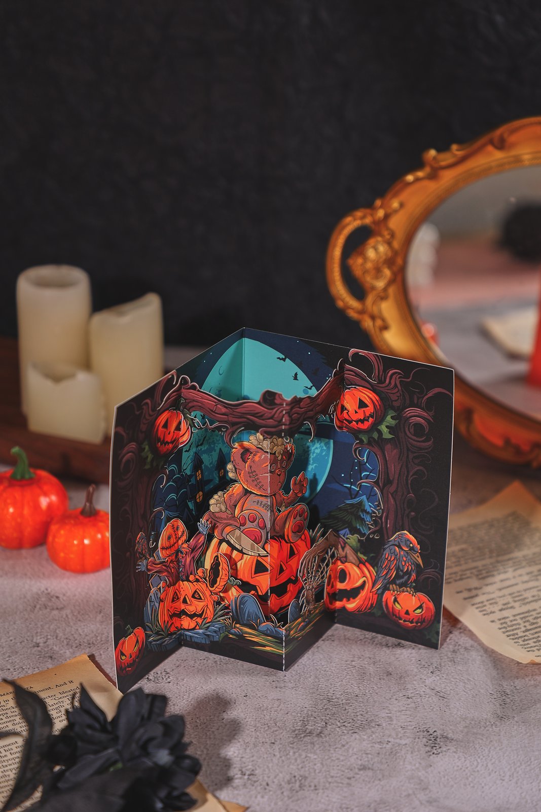Halloween Pumpkin Bear Open Door 3D Pop Up Card