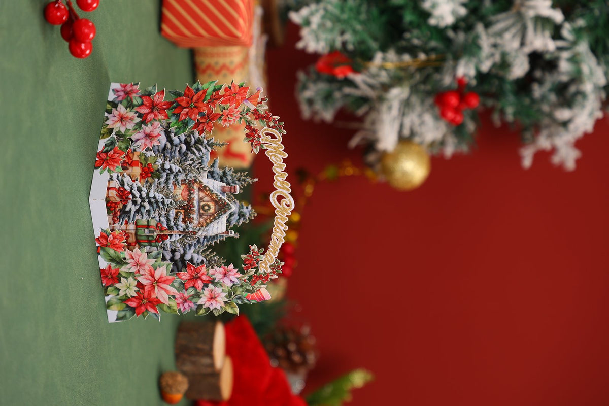 Christmas Floral Wreath Snowy House Greeting Card