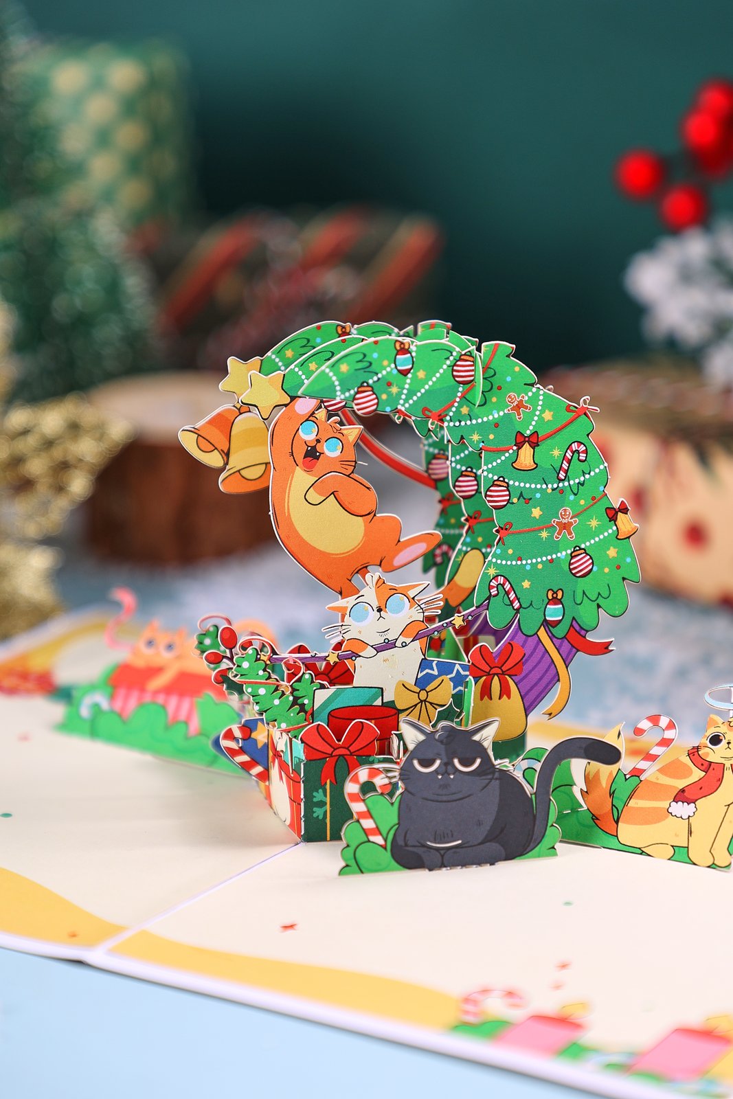 Cat Christmas Tree Crescent Moon 3D Pop Up Card