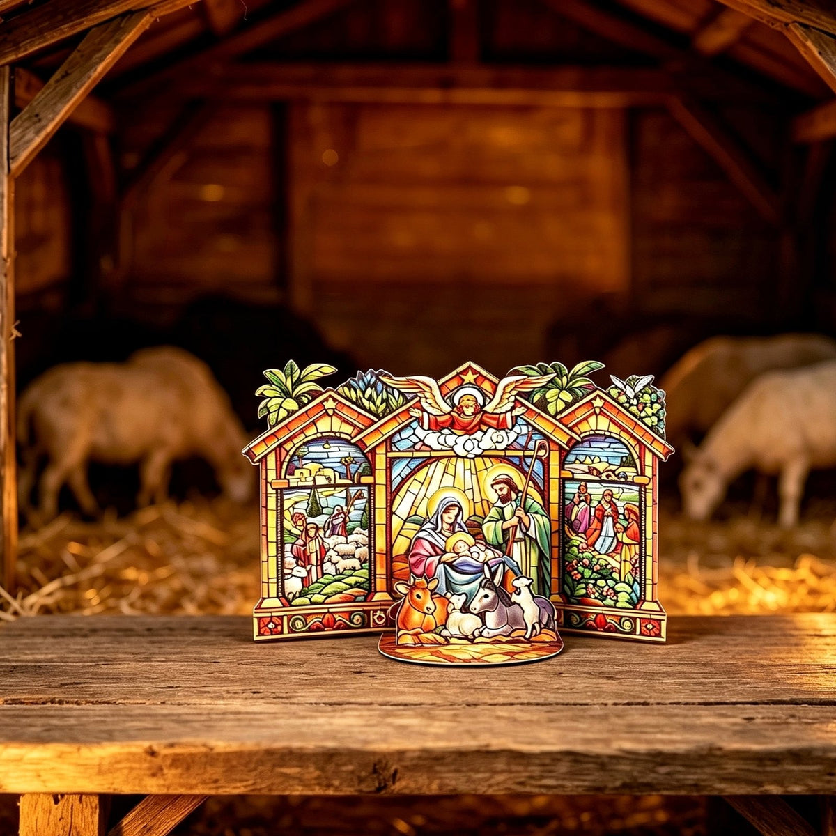 Stained Glass Nativity Double Door Card