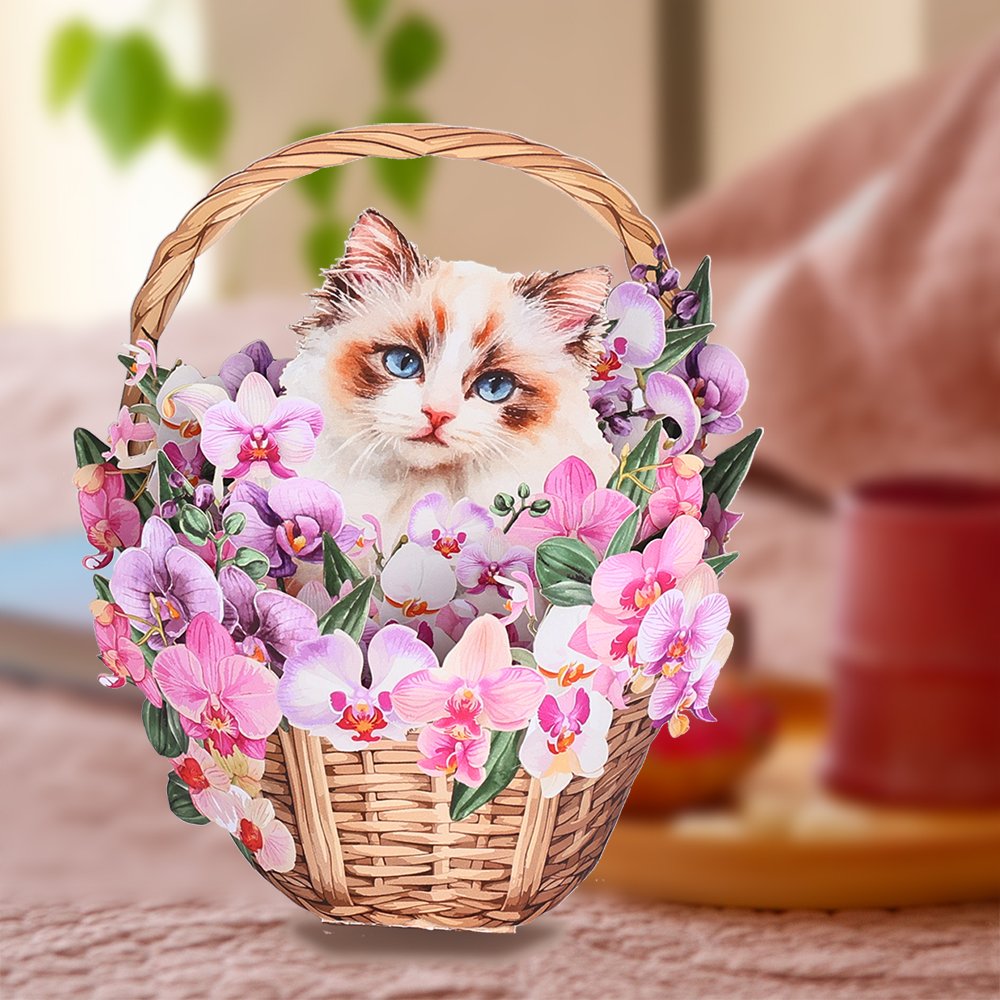 Orchid Ragdoll Cat Flower Basket Pop Up Card