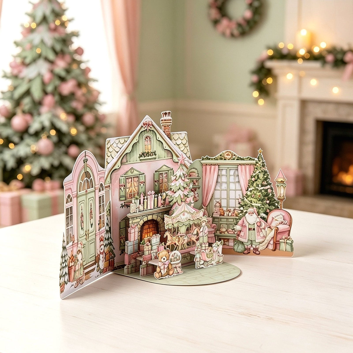 Vintage Pink Green Christmas Double Door Card