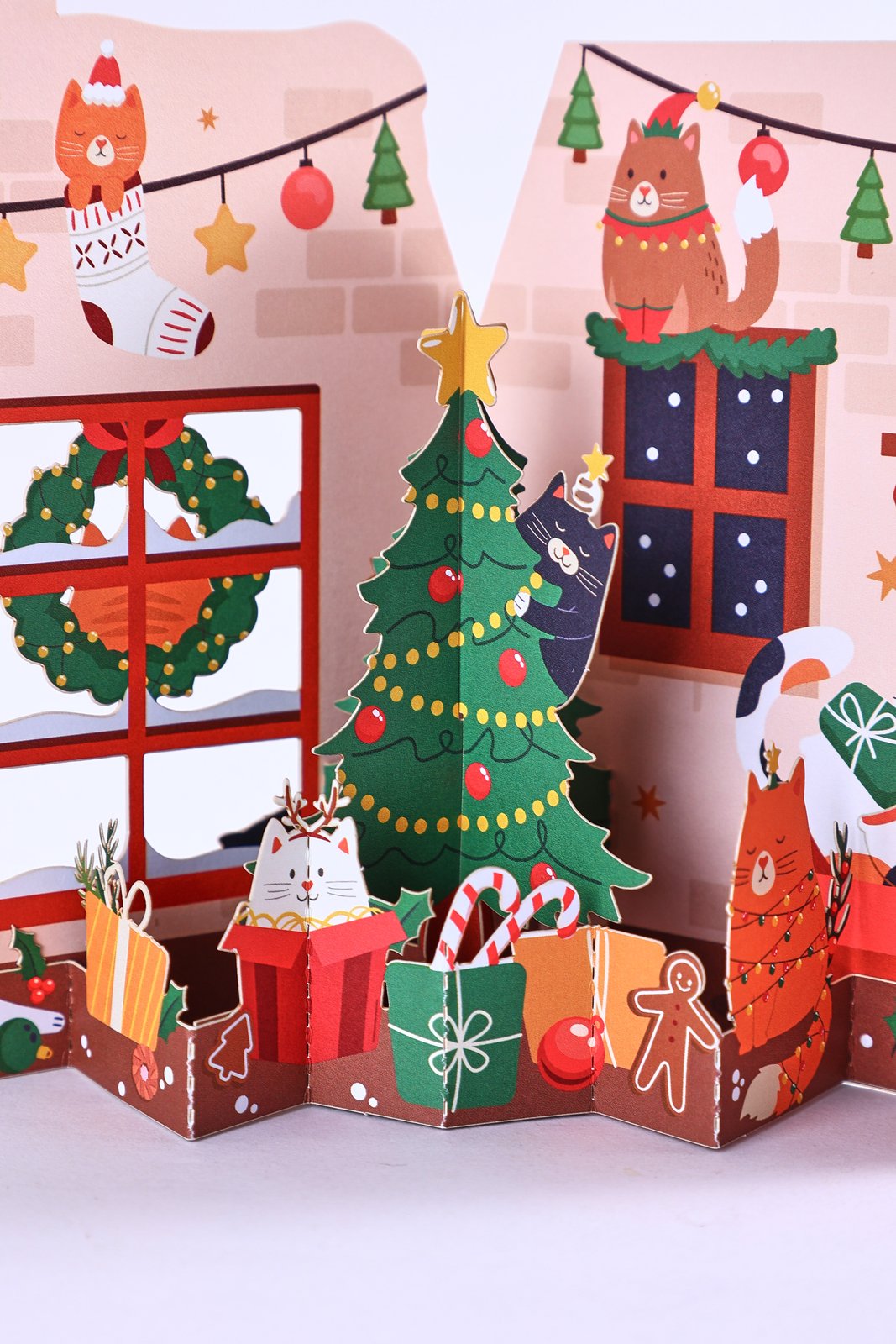 Christmas Tree Kitten Open Door 3D Pop Up Card