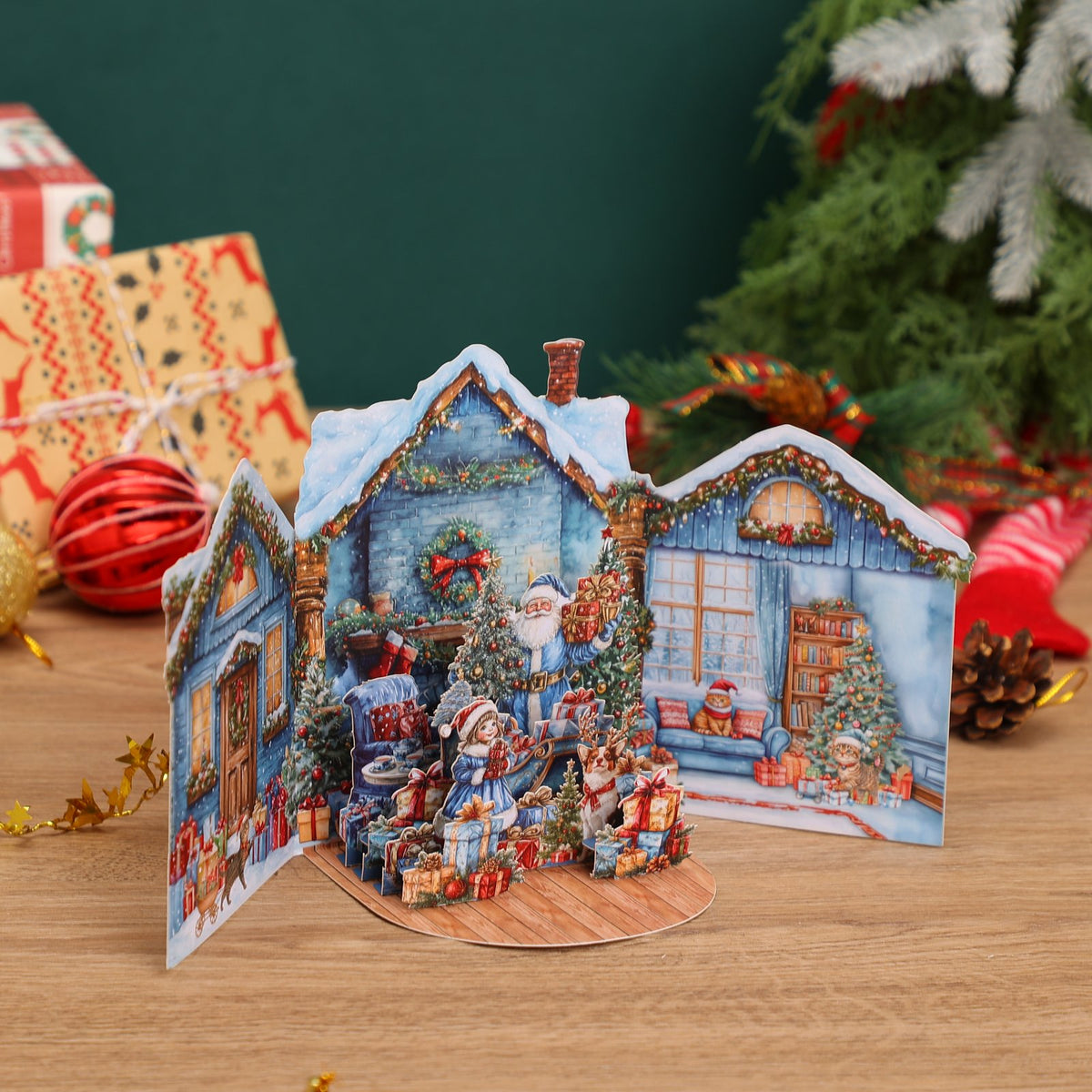 Blue Christmas Yard Double Door 3D Pop Up Card