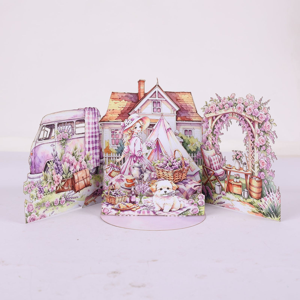 Girl Purple Camping Double Door Pop Up Card