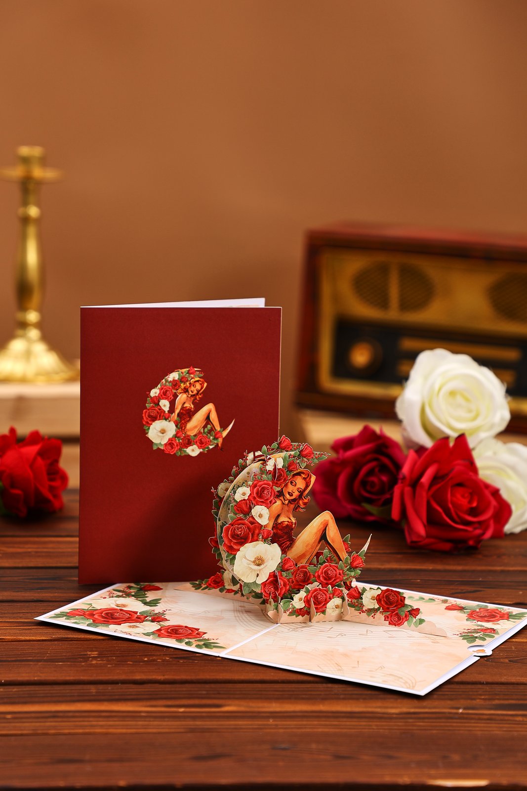 Crescent Moon Rose Lady Pop Up Card