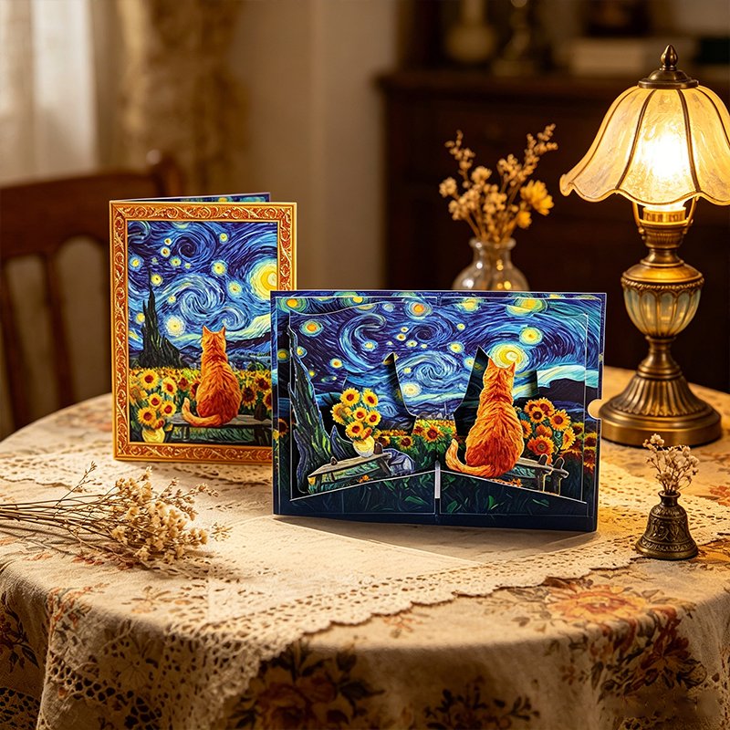 Star Sunflower & Cat Greeting Card