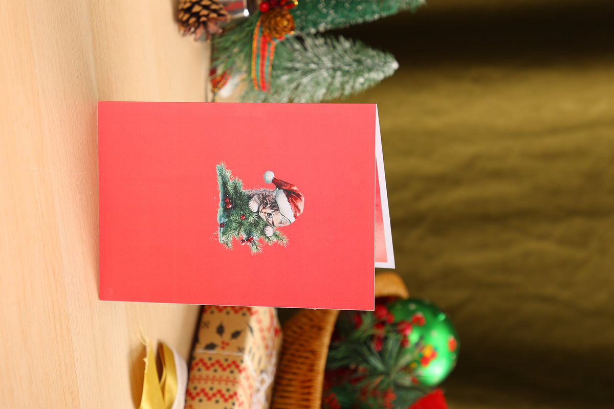 Christmas Tree & Cat Floral Branch Greeting Card